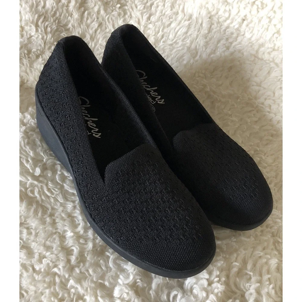 Skechers Womens Air - Cooled Memory Foam Washable Knit Slip Ons Black Shoes 7.5
